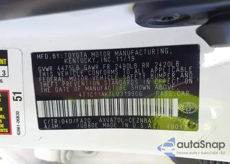 2020 Toyota Camry Le из США, поврежденный, VIN 4T1C11AK7LU319906